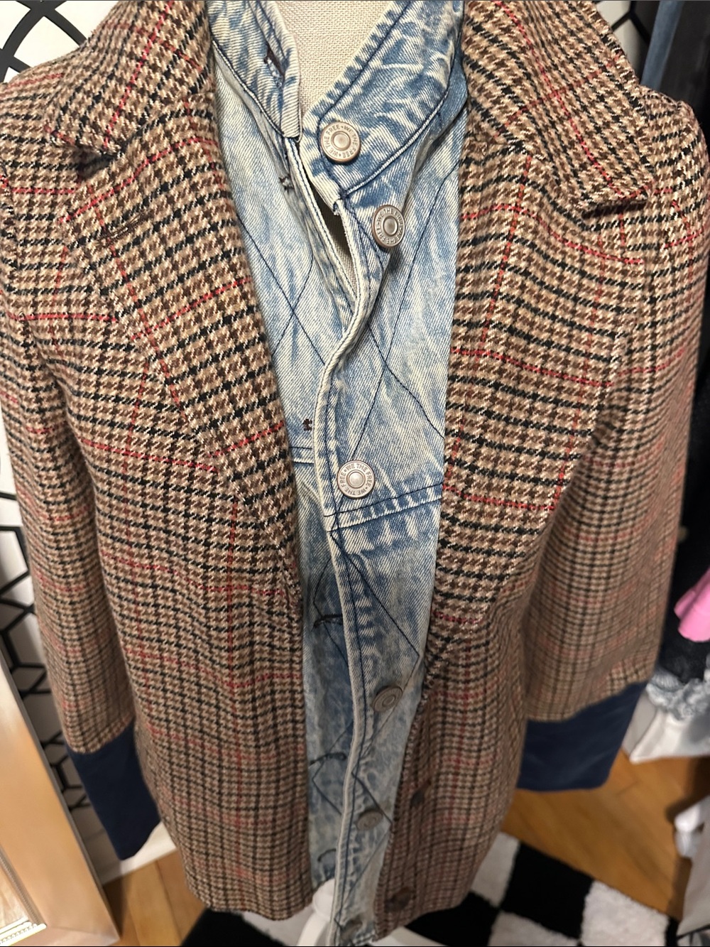 We the free layered Houndstooth Plaid Women’s Coat with Navy Cuff - Picture 3 of 9